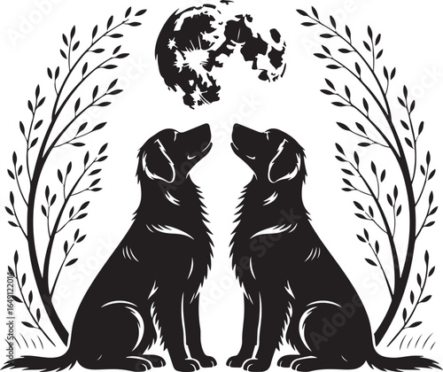 Two dogs gaze at moon under branches, loyal companions