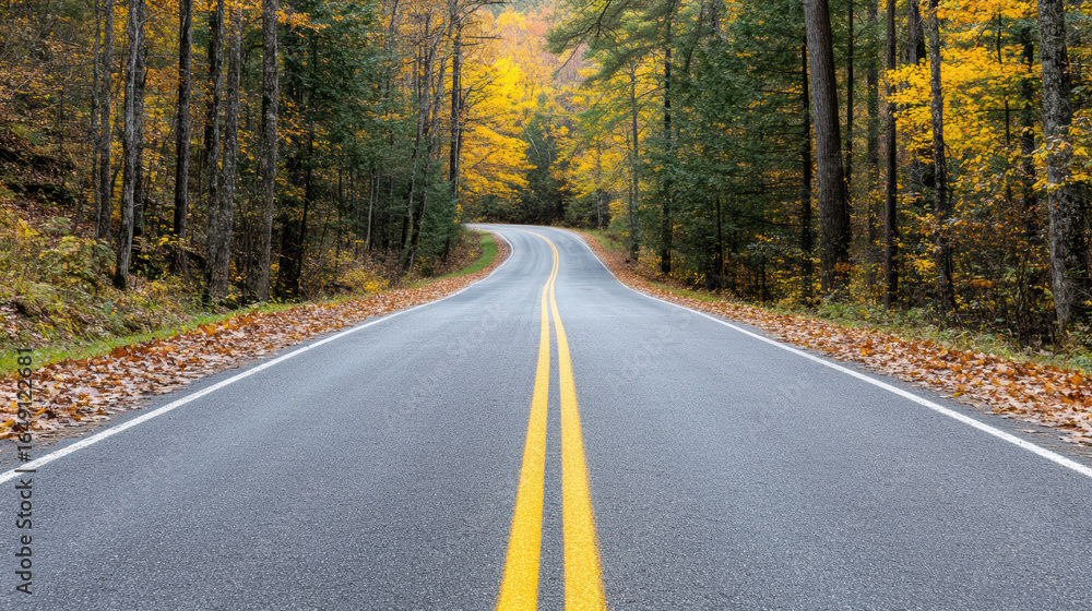 Fototapeta premium Winding country road surrounded by vibrant autumn trees and fallen leaves creates serene