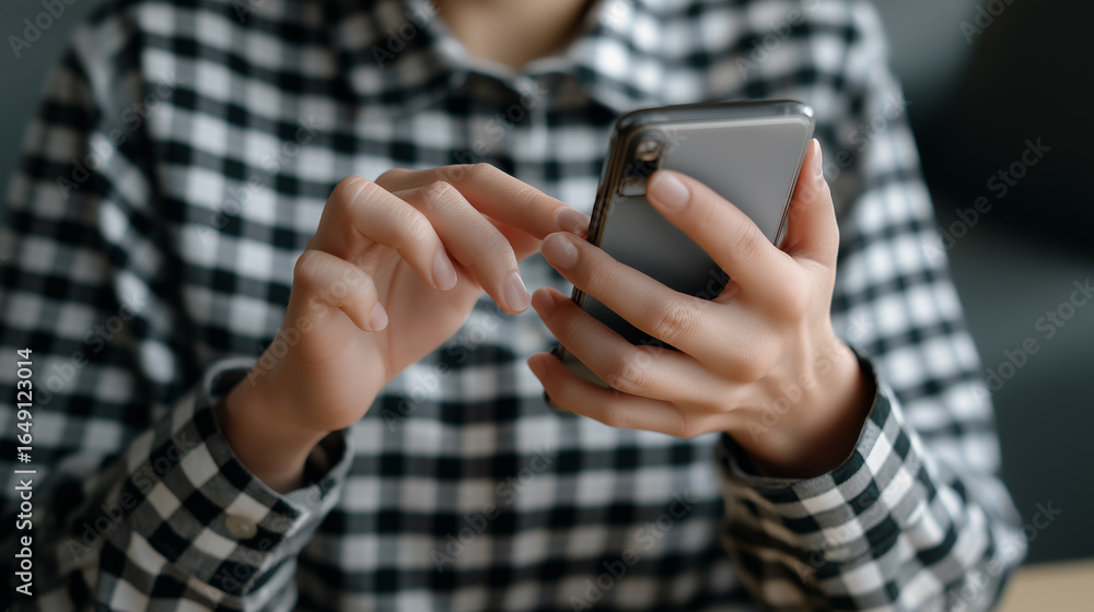 Fototapeta premium Person using smartphone and typing on screen with both hands. 
