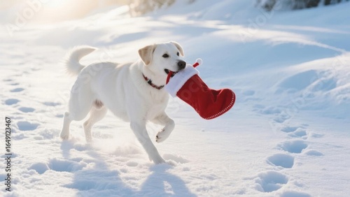 White dog carrying a red Christmas stocking in a snowy landscape