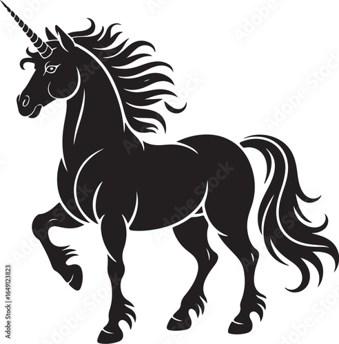 Majestic black unicorn silhouette prancing with flowing mane