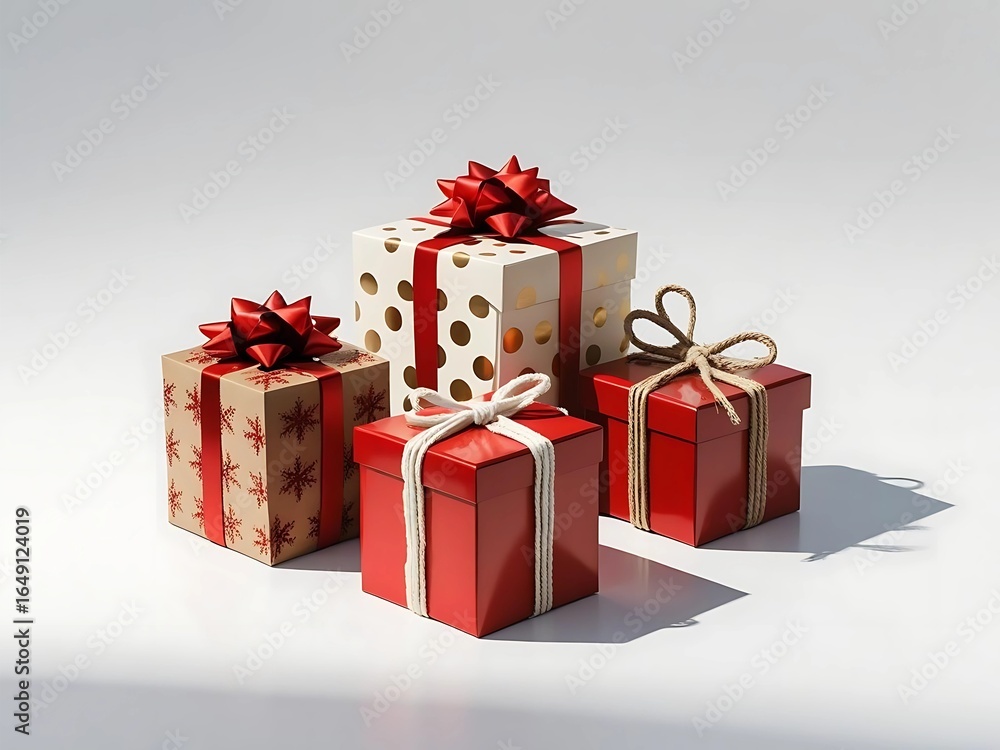 Fototapeta premium Three gift boxes arranged as a small cluster. 1 kraft paper box with red snowflake pattern, wrapped with shiny red satin ribbon and bow on top. 1 cream box with metallic gold polka dots, tied with red