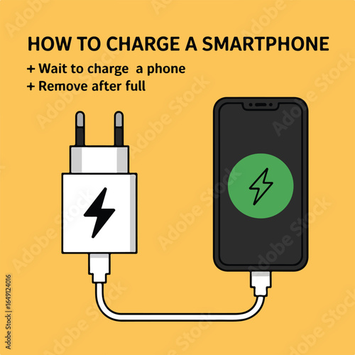 Illustration of a smartphone charging with a power adapter and cable on a yellow background view