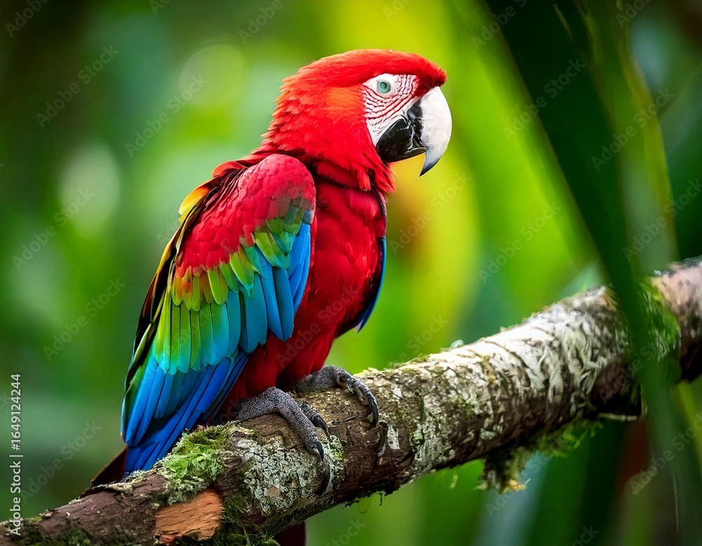 Obraz premium Vibrant Scarlet Macaw Perched on Mossy Branch in Lush Rainforest Setting