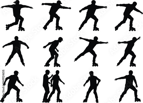 Collection of Inline Skaters and Rollerbladers in Different Poses, Silhouettes of People Skateboarding, Outdoor Recreation and Urban Sport Activities, Set of Black Figures Rollerblading.