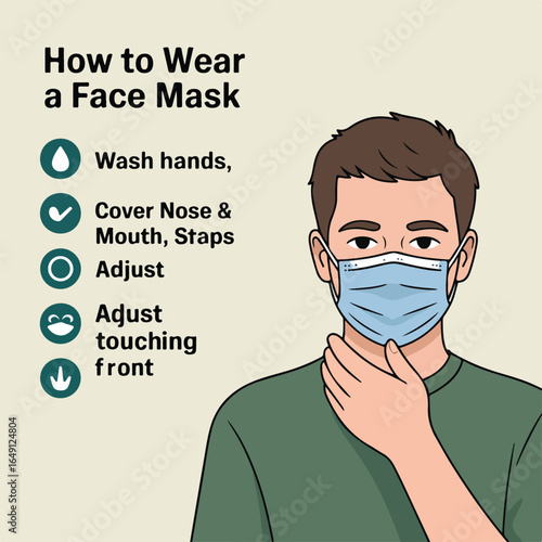Illustration depicting how to wear a face mask with a man demonstrating proper mask wearing steps and text