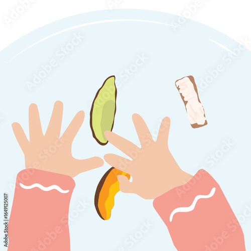 Illustration of baby hands grabbing solid or weaning foods