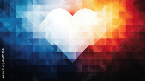 A vibrant, geometric heart shape in blue, white, and orange hues, symbolizing love and unity through abstract art.