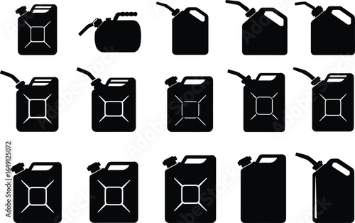 Black fuel cans vector icons set. Fuel tank icons vector set, collection of gas cans, jerrycan silhouette symbols, industrial container illustrations, gasoline canister designs, oil barrel.