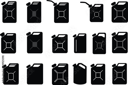 Black fuel cans vector icons set. Fuel tank icons vector set, collection of gas cans, jerrycan silhouette symbols, industrial container illustrations, gasoline canister designs, oil barrel.