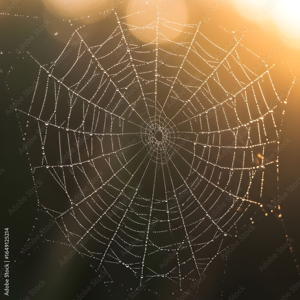 Obraz premium Delicate spiderweb bejeweled with dew, glowing in soft early morning light, spider web with dew drops
