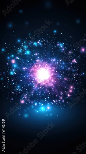 A vibrant cosmic explosion of light and color, showcasing swirling particles in shades of blue and pink against a dark backdrop.