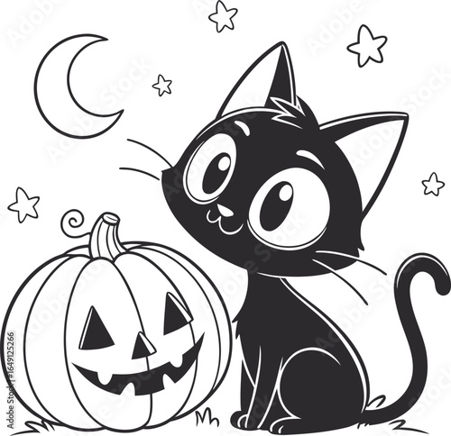 Cute vector illustration of a happy black cat with a pumpkin for Halloween