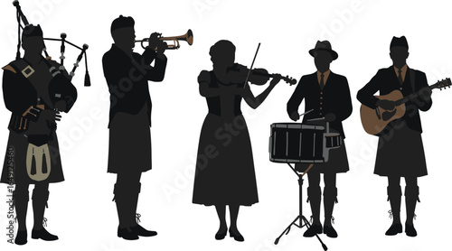Traditional Folk Musicians Band Silhouette: Vector Illustration of Bagpipes, Trumpet, Violin, Drums, and Guitar Players.