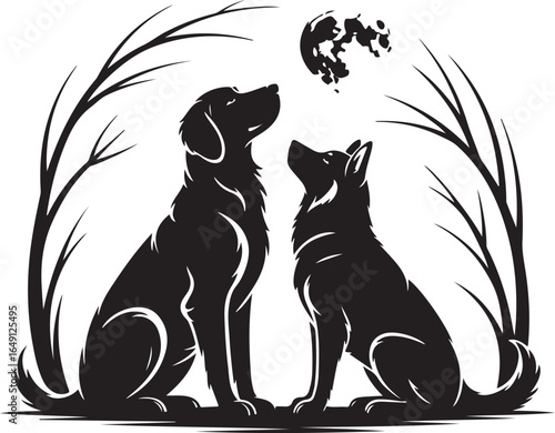 Loyal dogs gaze at moon under starry night sky branches