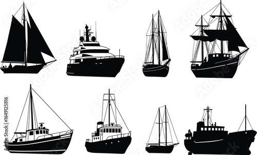 Nautical Ships and Sailing Boats Collection: Set of Marine and Ocean Vessel Silhouettes Vector Icons for Travel and Water Transport.