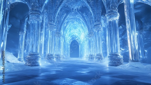 An ice palace corridor with pillars and arches made of ice leading to a distant light source