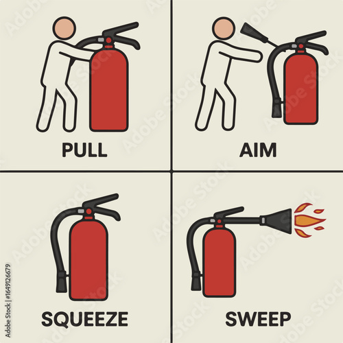 Illustration showing the steps to use a fire extinguisher pull aim squeeze and sweep method guide safety