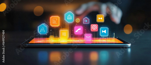 Abstract digital background with bright app icons on tablet screen, neon colors, technology, innovation - texture for presentations about mobile apps, IT developments, startups.