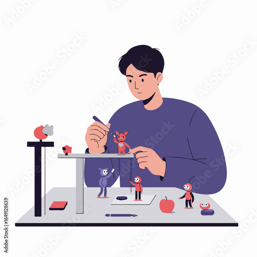 A man creating stop-motion animation with small, colorful figures on a miniature set, showcasing creativity and filmmaking.