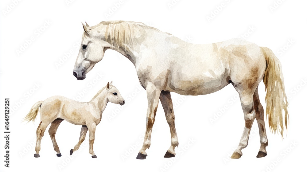 Obraz premium White mare standing with her foal, a lovely image of motherhood in the animal world
