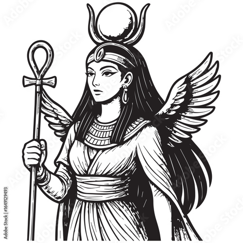 tattoo design of Egyptian goddess Isis in black and white comic style