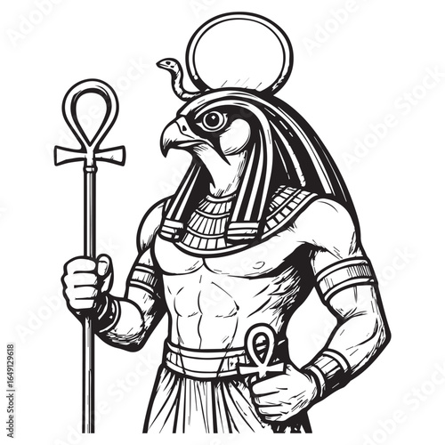 tattoo design of Egyptian god Ra in black and white comic style