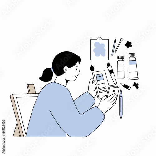 Artist at work: woman painting with brush and sketchbook, surrounded by various art supplies, illustrating creativity and hobby.