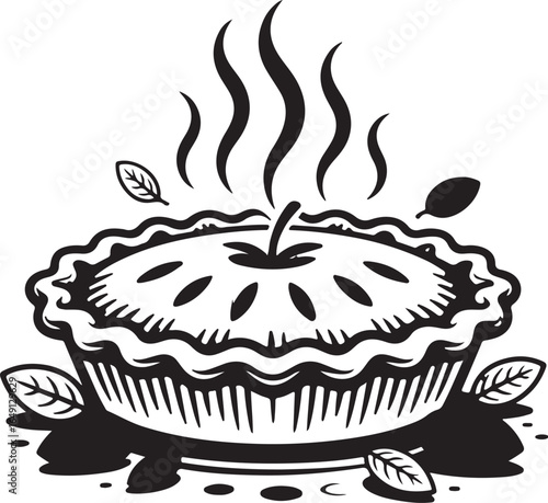 Steaming apple pie with decorative crust and leaves