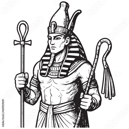 tattoo design of Egyptian god Osiris in black and white comic style