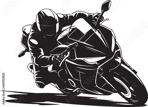 Dynamic motorcycle racer leans into sharp corner at speed
