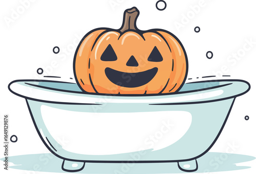 Cartoon illustration of a pumpkin sitting in a bathtub

