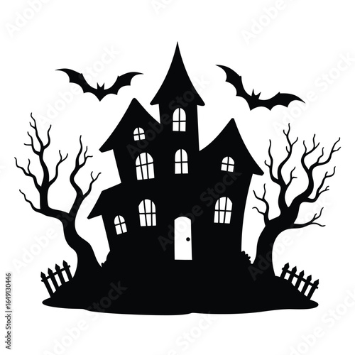 Black silhouette of a haunted house with bats and dead trees