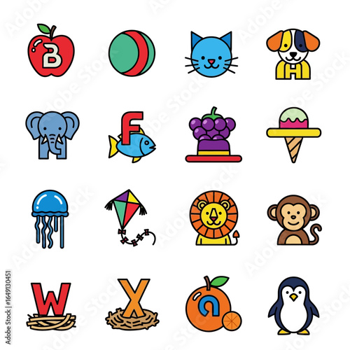 Colorful icons display alphabetical objects in educational layout