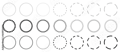 Dotted line circles frame set. Circular dashed outline frames elements collection