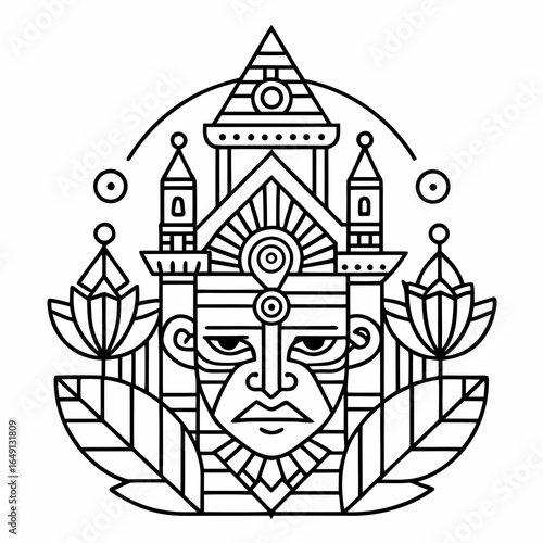 Stylized mask with temple and lotus flowers in geometric line art