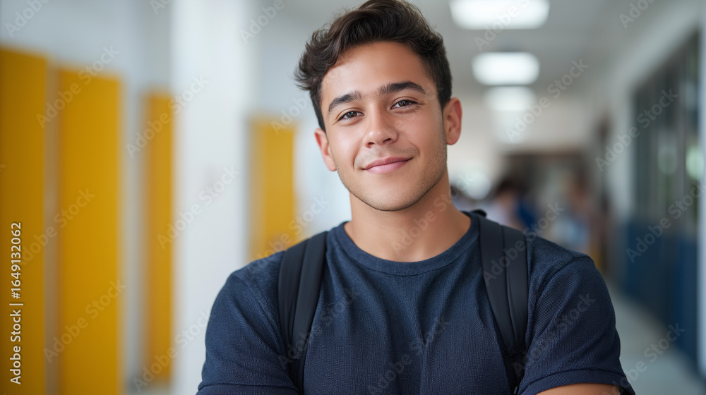 Obraz premium Smiling Latin student in a bright high school corridor