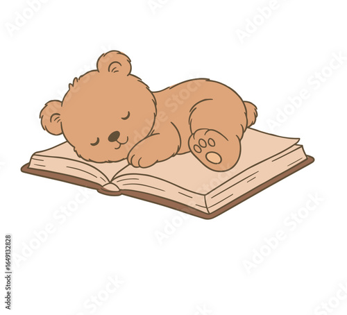  Hand Drawn Sleeping Teddy Bear on Book Vector, Cute Nursery Animal Illustration