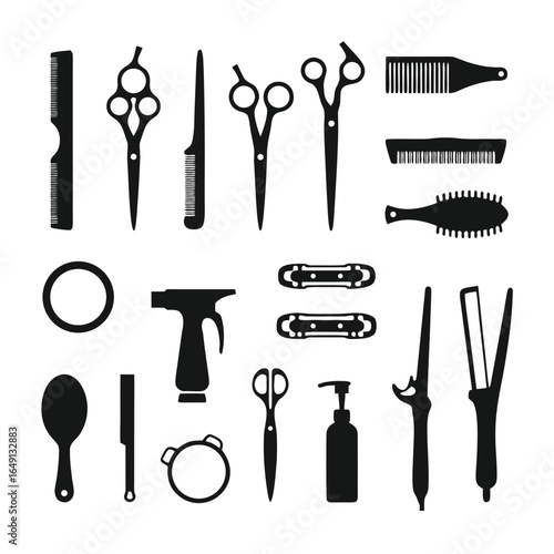 Collection of black hair salon tools and accessories