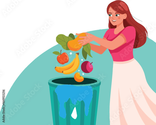 Woman Discarding Fresh Fruits into a Green Trash Can with Blue Liner