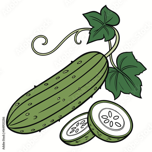 Vector illustration of a fresh garden cucumber with green leaves and slices, isolated cartoon drawing for healthy eating and organic food concepts.