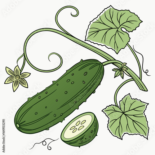 Hand-drawn vector illustration of a whole and sliced cucumber on a vine with leaves and blossoms, isolated on a white background.