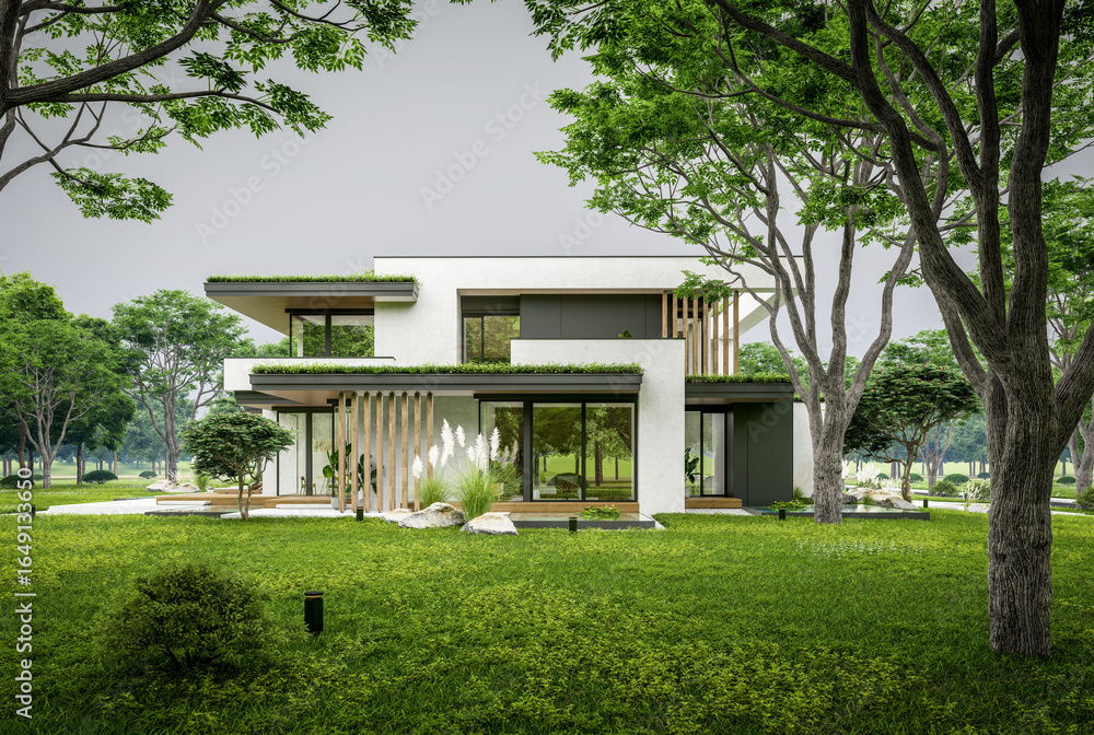 3d rendering of two-story house with parking and pool for sale or rent with concrete facade and beautiful landscaping. Cloudy white sky overcast, soft shadows 3d rendering of two-story house with parking and pool for sale or rent with concrete facade and beautiful landscaping. Cloudy white sky overcast, soft shadows