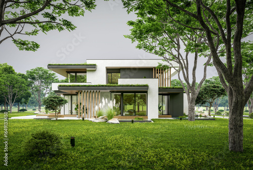 3d rendering of two-story house with parking and pool for sale or rent with concrete facade and beautiful landscaping. Cloudy white sky overcast, soft shadows