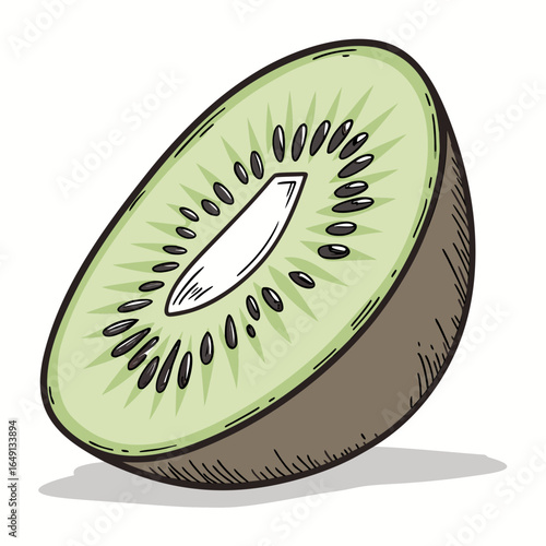 Hand-drawn vector illustration of a sliced fresh kiwi fruit. Concept of healthy eating, organic food, and vitamins in a colorful sketch style.