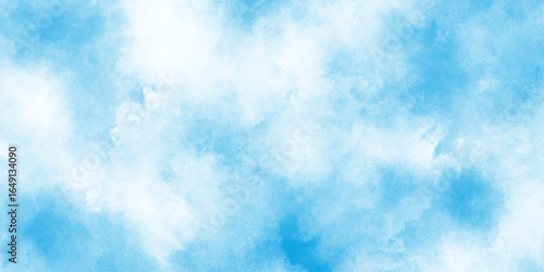 Blue pastel sky with white fluffy cloud cumulus clouds background, colorful bright ink blue and white watercolor texture, hand painted abstract soft sky blue watercolor sky and clouds.