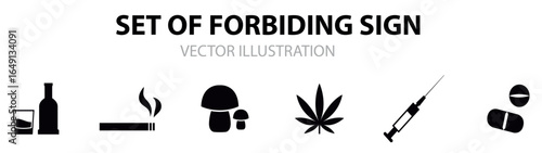 set of red forbidden sign , prohibition signs , Collection of vector icons forbidden dangerous actions: smoking, alcohol, food and drink, do not take drugs. vector illustration.  vector illustration