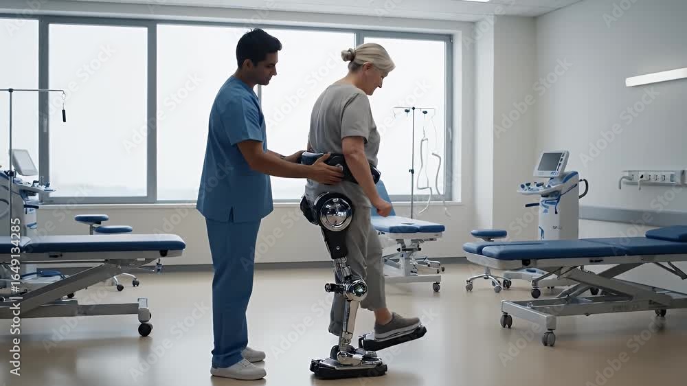Medical Professional Assists Patient with Advanced Robotic Leg Brace in Modern Clinic Setting Medical Professional Assists Patient with Advanced Robotic Leg Brace in Modern Clinic Setting