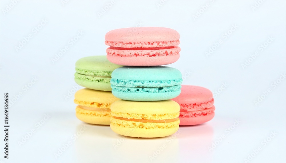 Fototapeta premium Delicious Colorful Macarons Stacked Against a White Background