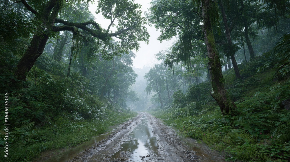 Obraz premium Misty Forest Pathway With Lush Greenery. Serene Nature Scene Inviting Exploration